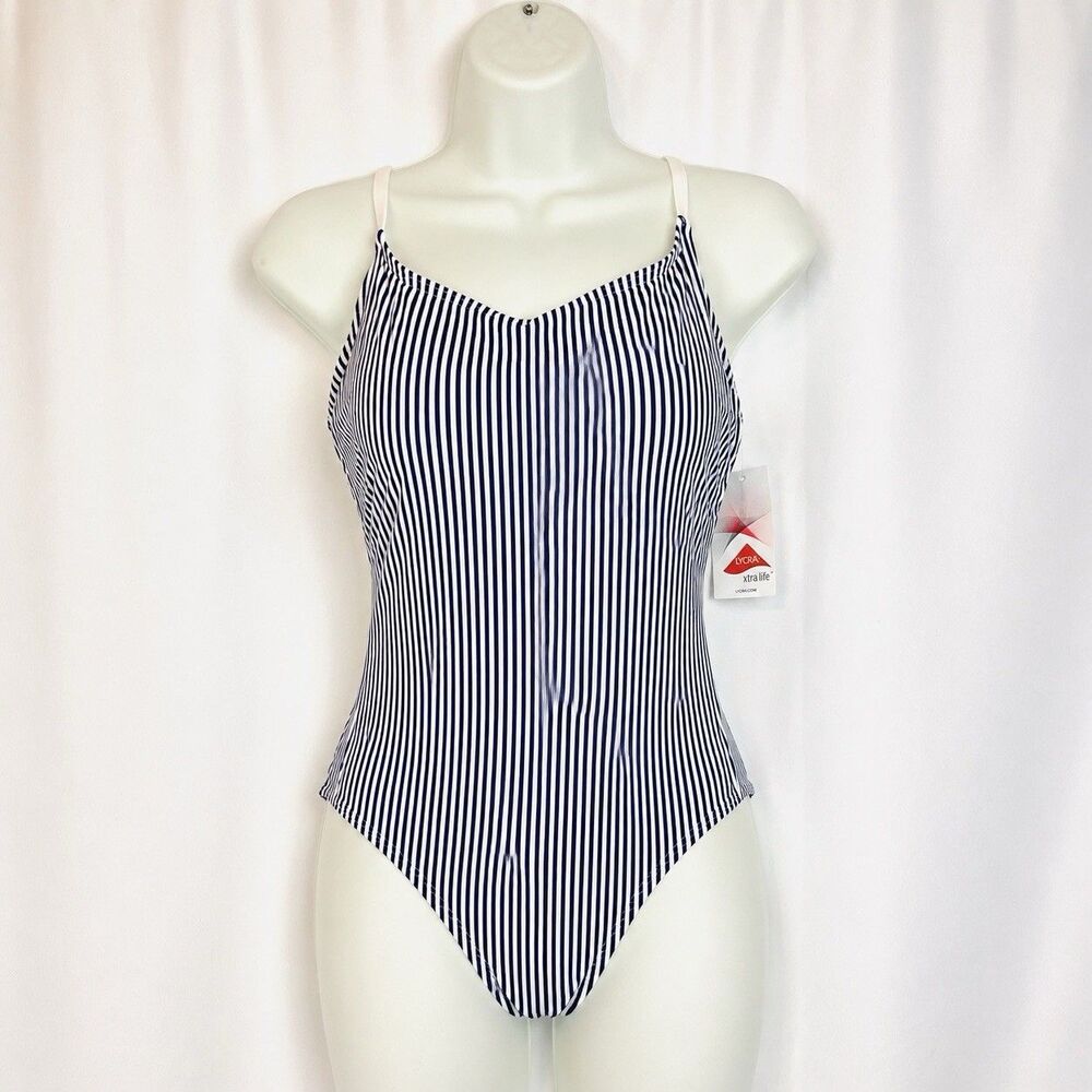 Lands’ End One Piece Swimsuit Women’s Size 12 Navy White Striped Lycra NWT